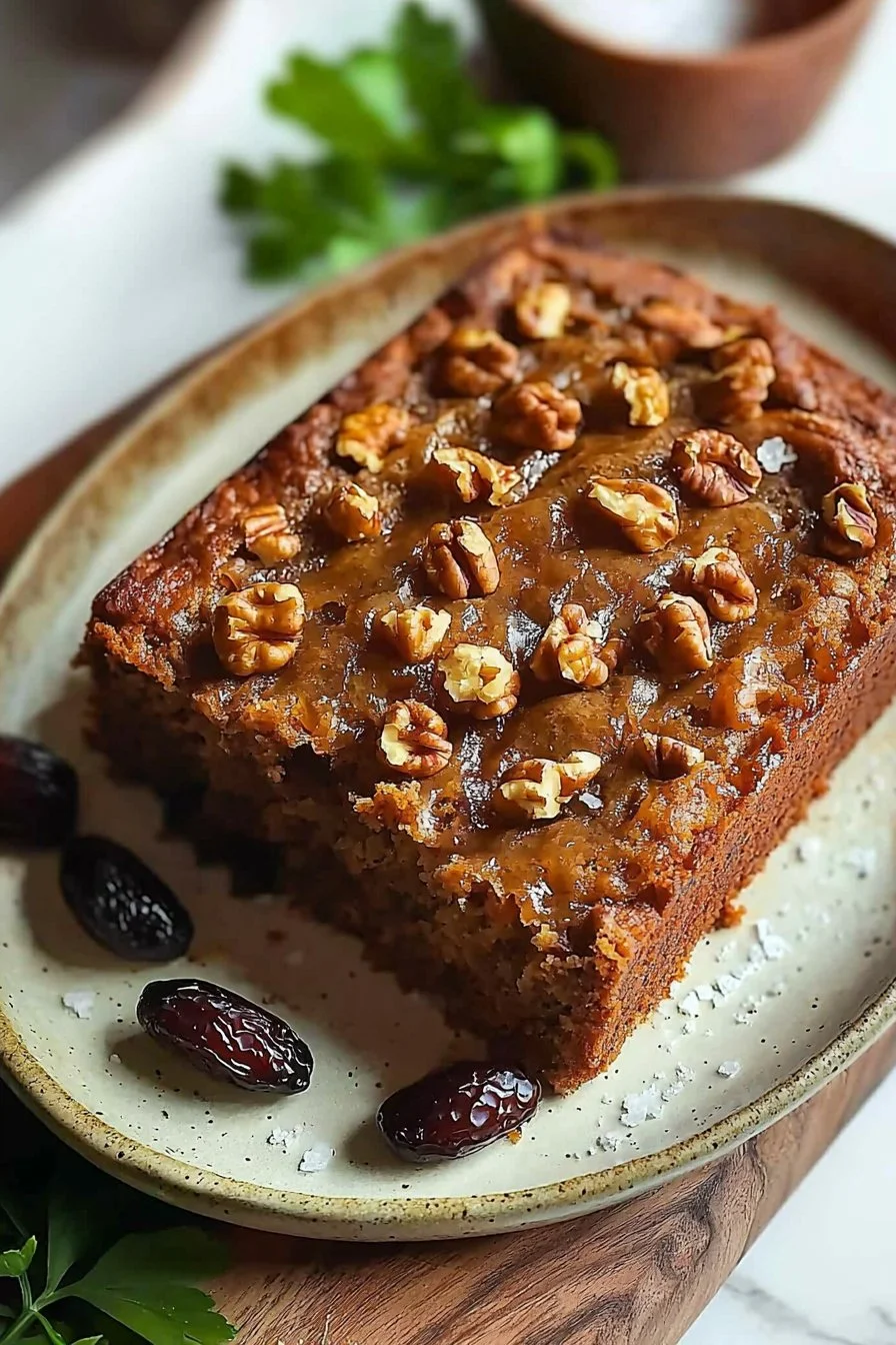 Slice of moist Date and Walnut Cake on a plate with walnuts and dates