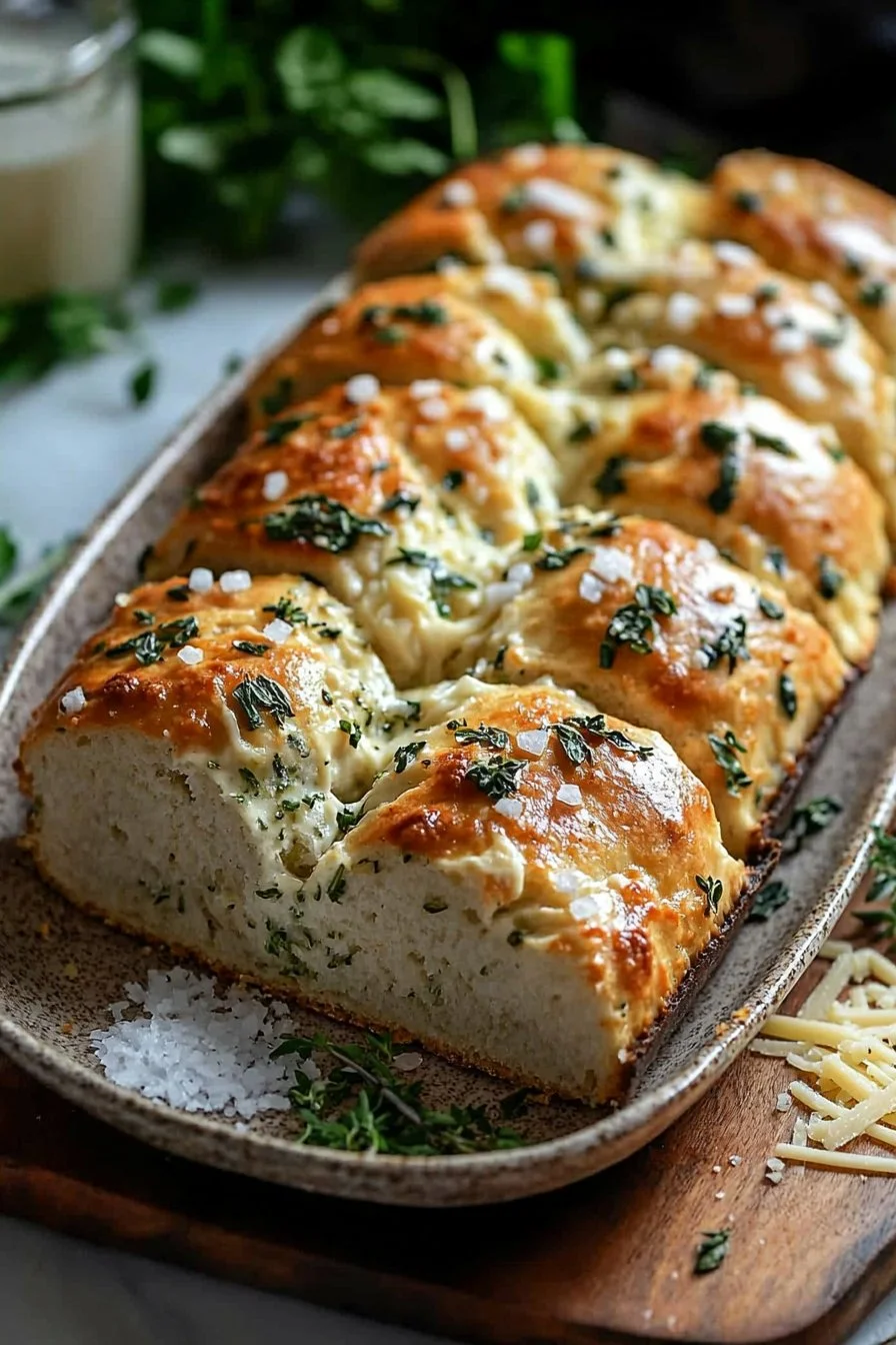 Freshly baked Italian herb cheese bread with herbs and melted cheese