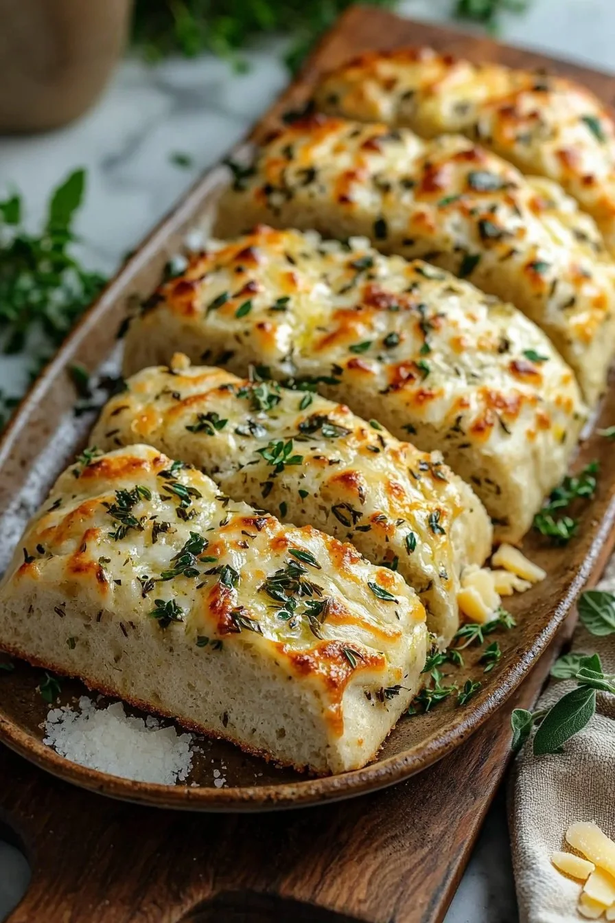 Freshly baked Italian herb and cheese bread on a wooden cutting board