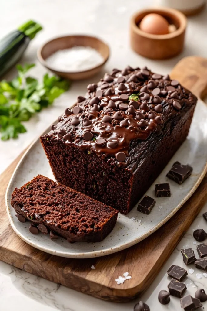 Deliciously moist double chocolate zucchini bread sliced on a wooden board