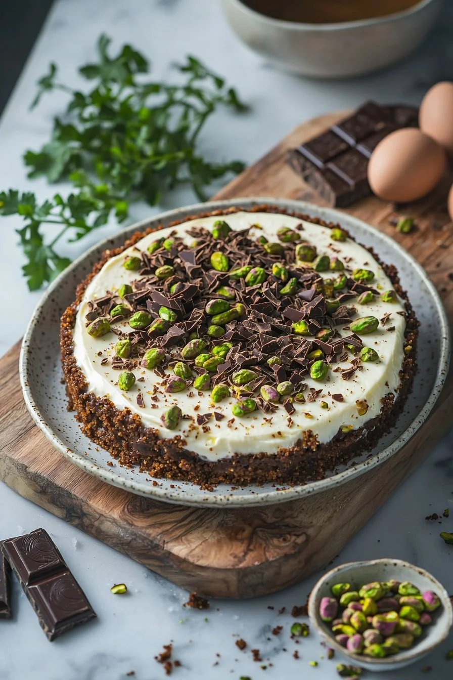 Dubai-style pistachio chocolate cheesecake slice on a plate