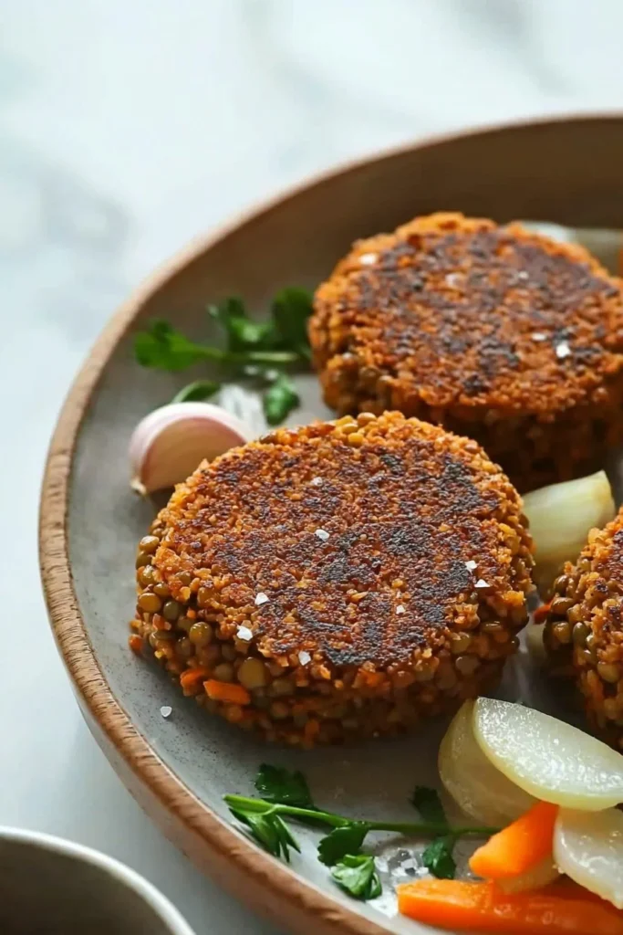 Easy 6-ingredient lentil burgers served on a plate with fresh toppings