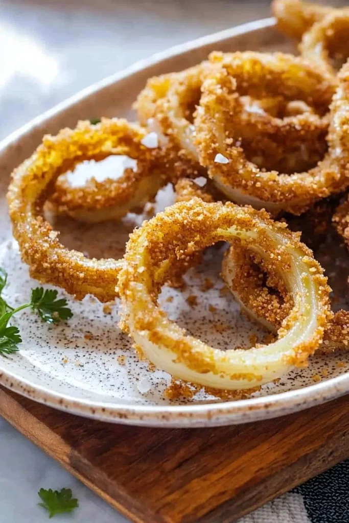 Easy air fryer onion rings served on a plate, golden and crispy.