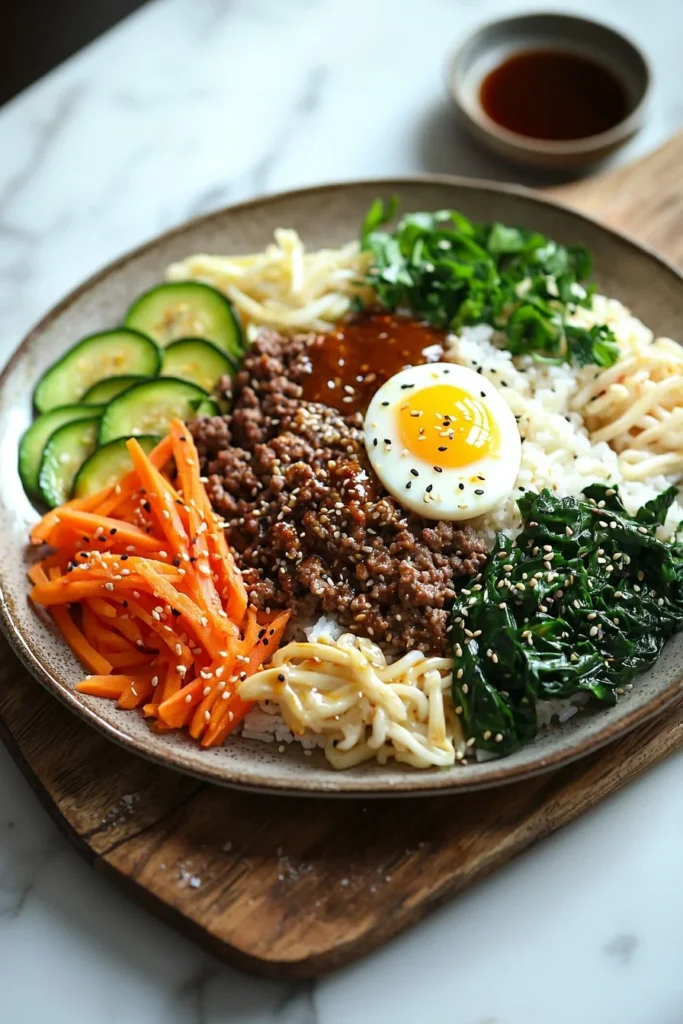Easy bibimbap with ground beef and vibrant vegetables served in a bowl.