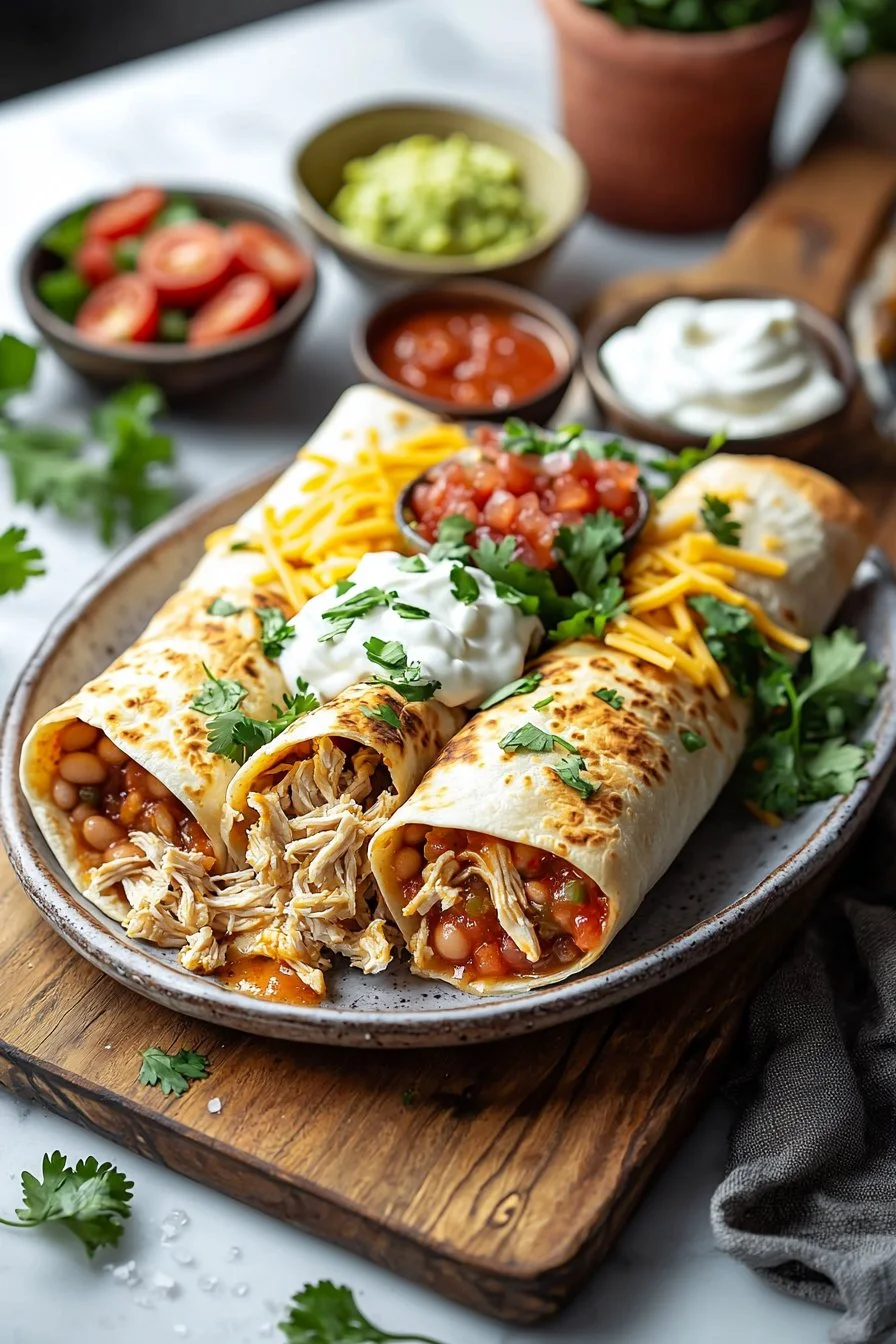 Delicious homemade easy chicken chimichanga served with salsa and guacamole.