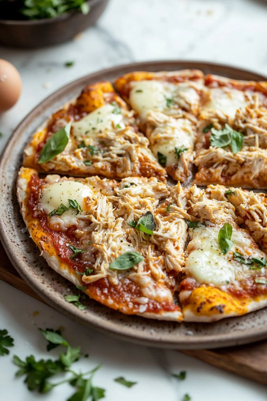 Homemade easy chicken crust pizza topped with vegetables and cheese.