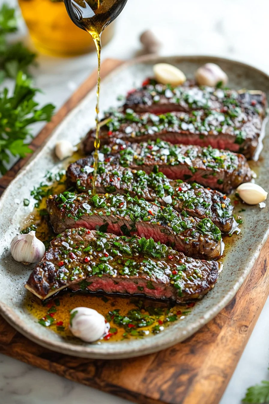 Delicious chimichurri steak served with fresh herbs and spices
