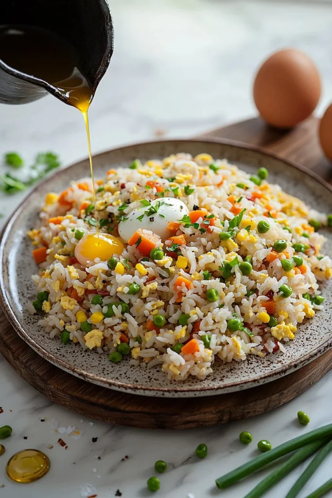 Delicious easy egg fried rice served in a bowl with vegetables