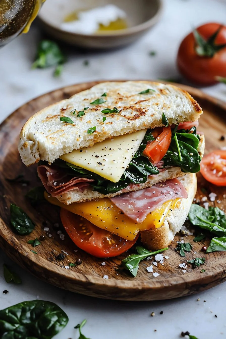 Easy lunch panini with fresh ingredients and melted cheese