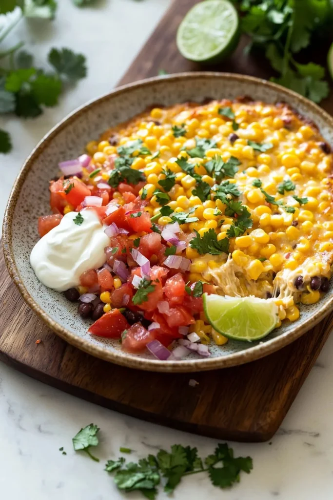 Bowl of easy Mexican corn dip garnished with cilantro and served with tortilla chips.