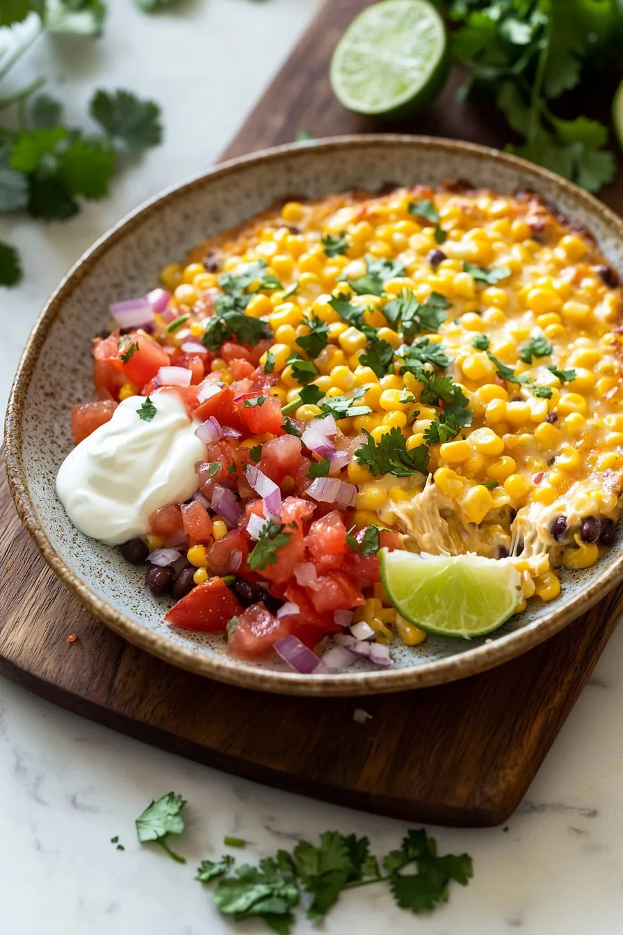 Bowl of easy Mexican corn dip garnished with cilantro and served with tortilla chips.