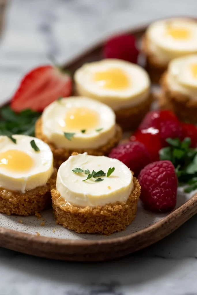 Easy mini cheesecakes topped with fresh fruit on a plate