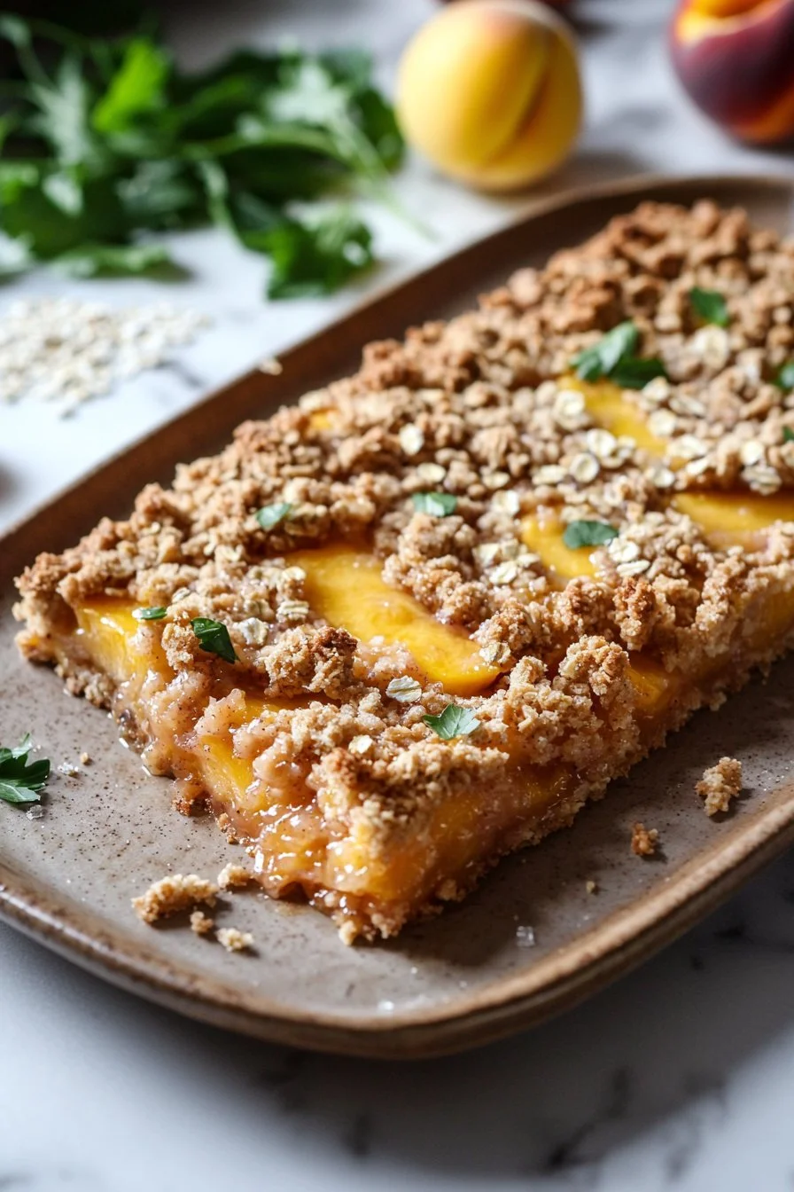 Delicious easy peach crumble bars topped with a crumble mixture