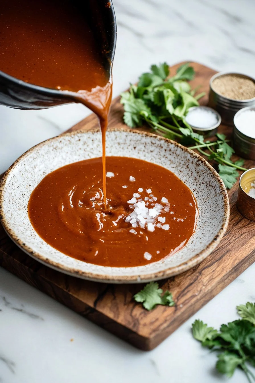 Homemade easy red enchilada sauce in a bowl, garnished with herbs.
