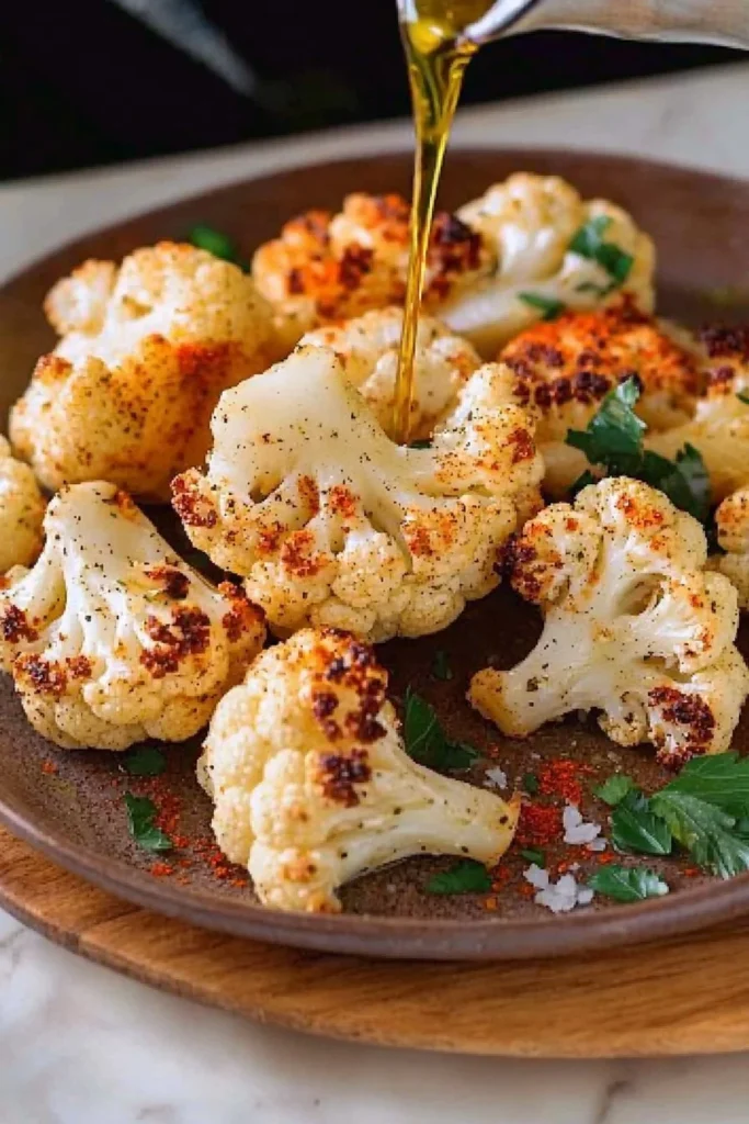 Deliciously easy roasted cauliflower dish with seasoning and herbs