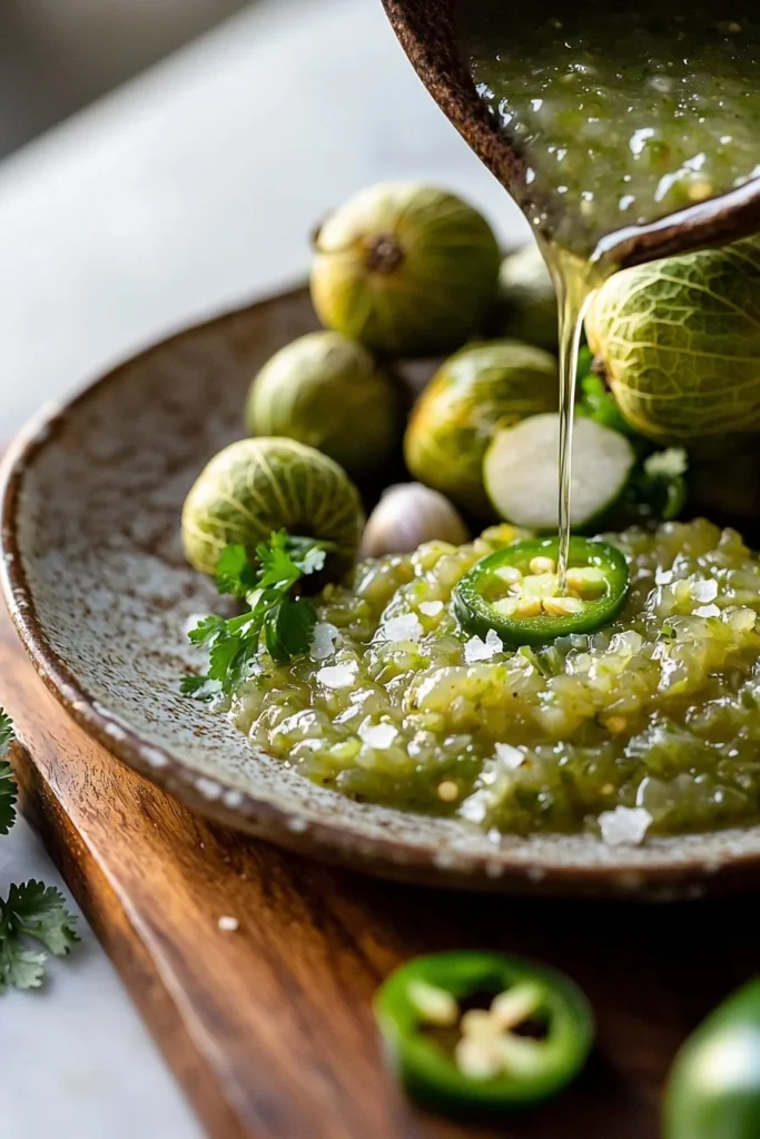 Bowl of easy roasted tomatillo salsa with fresh ingredients on a wooden table