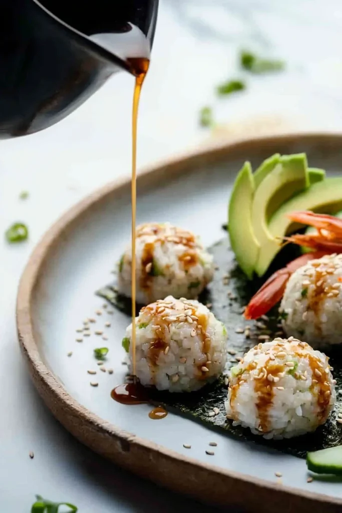 Homemade easy sushi balls topped with fresh ingredients and garnishes.