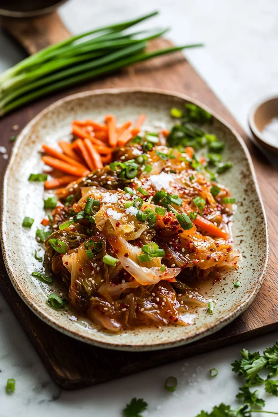 Bowl of easy vegan kimchi made with fresh vegetables and spices.