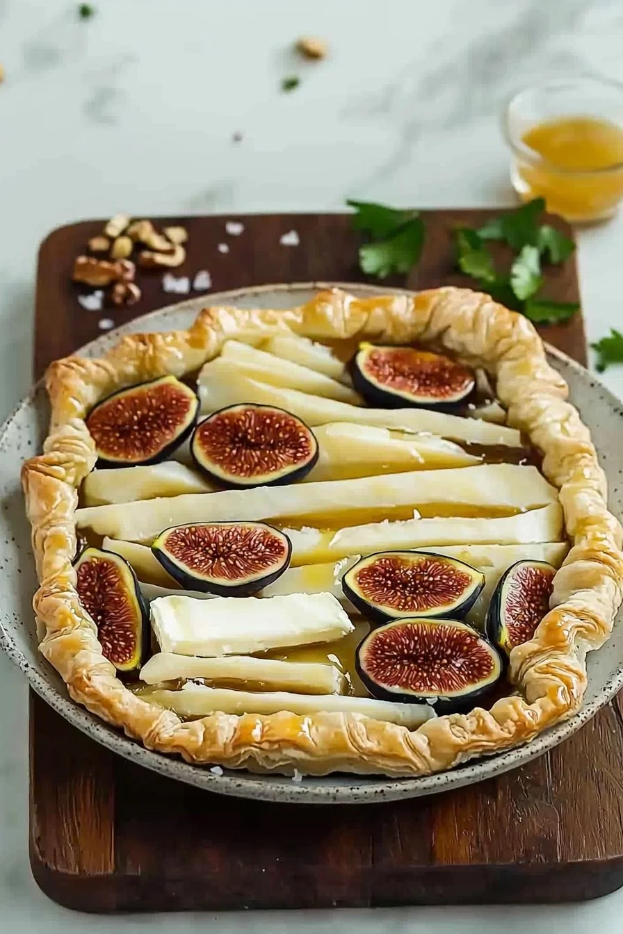 Fig and Brie Fillo Crinkle Pie with fresh figs and melted brie in golden pastry.