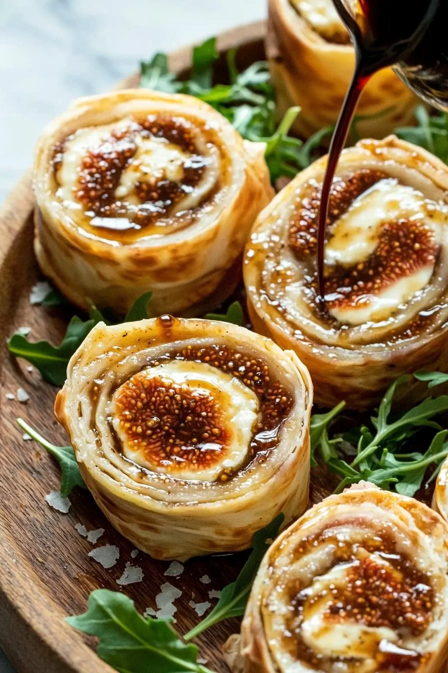 Delicious Fig and Goat Cheese Pinwheels served on a wooden platter.