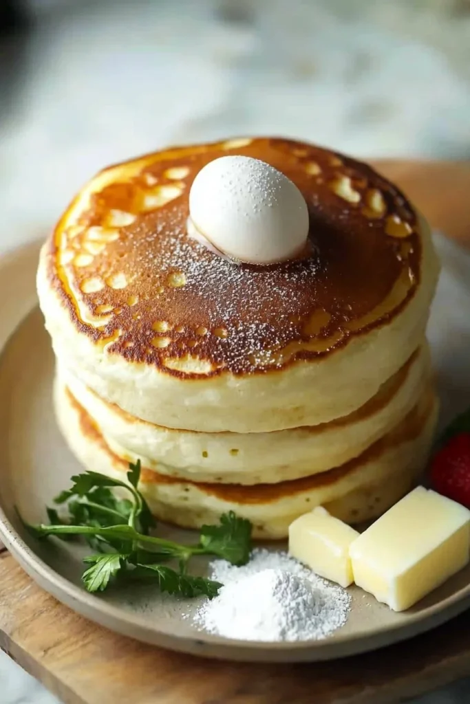Fluffy Japanese soufflé pancakes stacked on a plate with syrup and berries