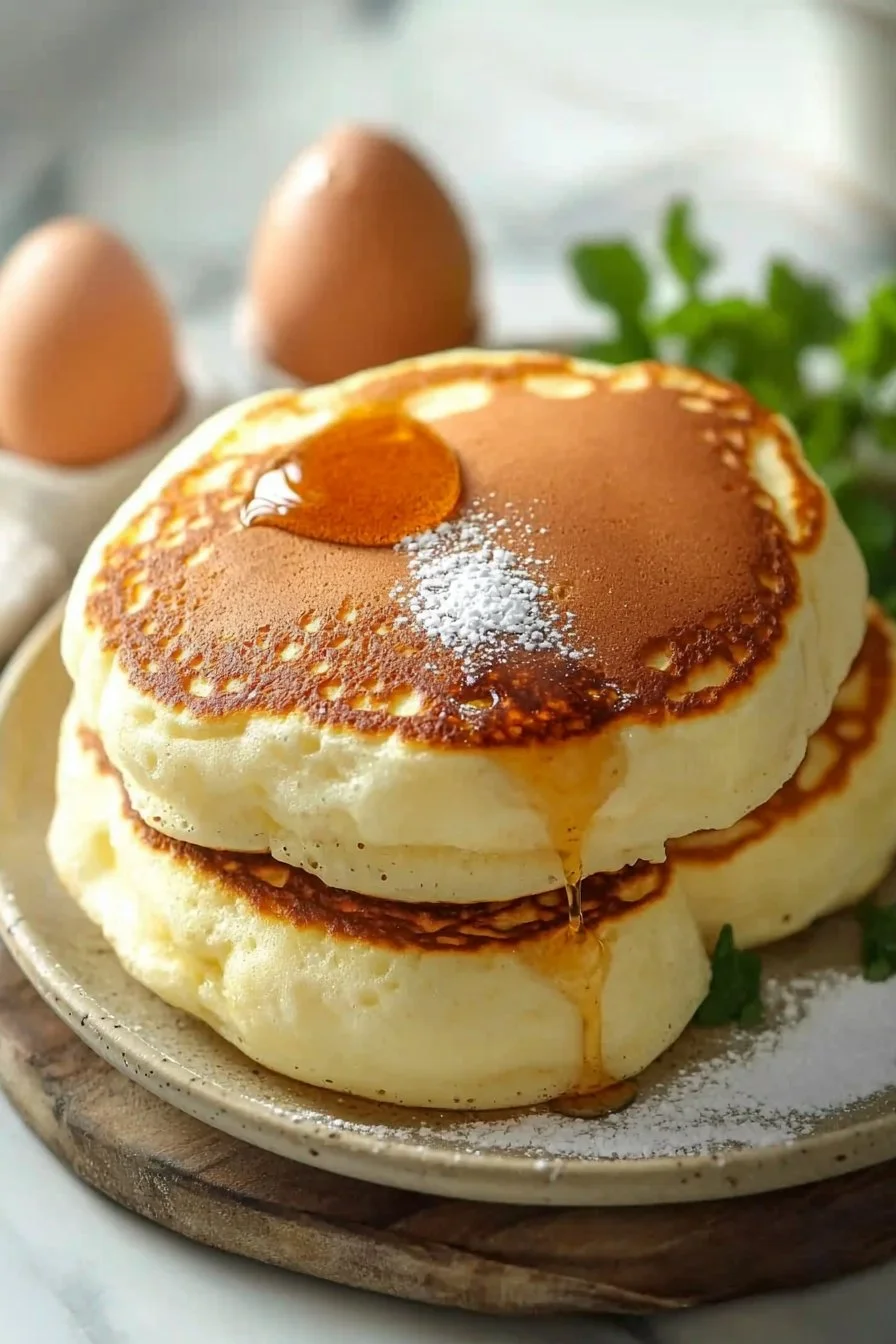 Fluffy Japanese soufflé pancakes stacked with syrup and fruit