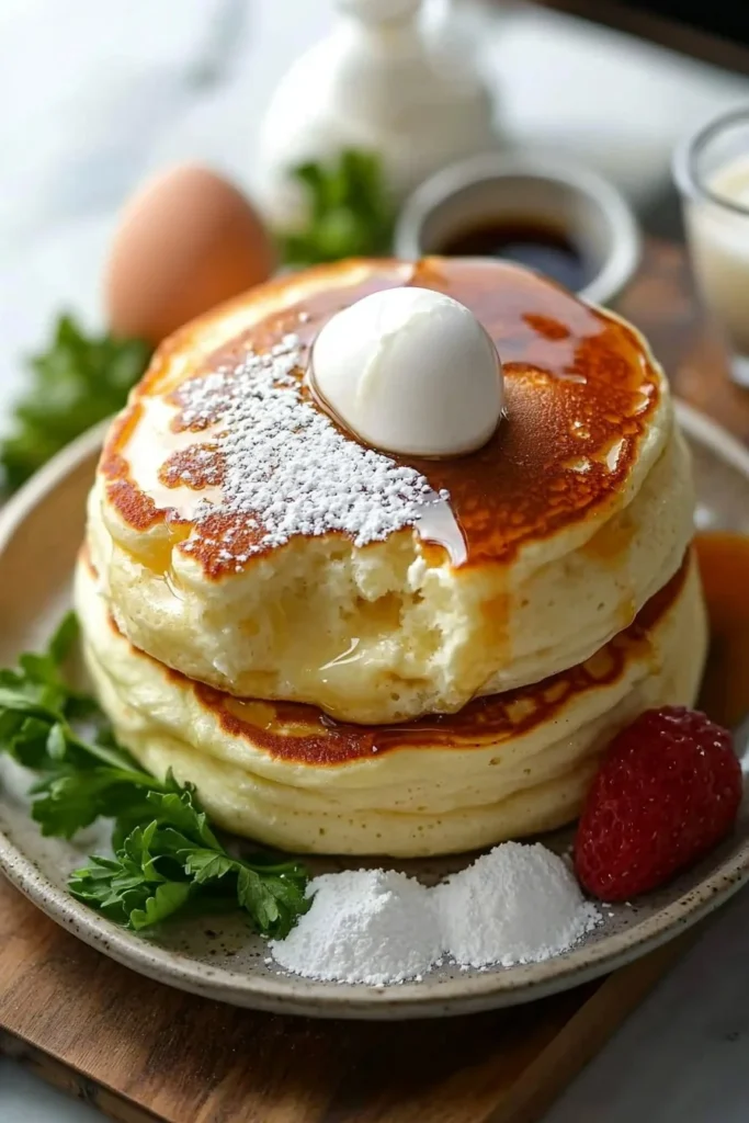 Fluffy Japanese soufflé pancakes stacked and drizzled with syrup