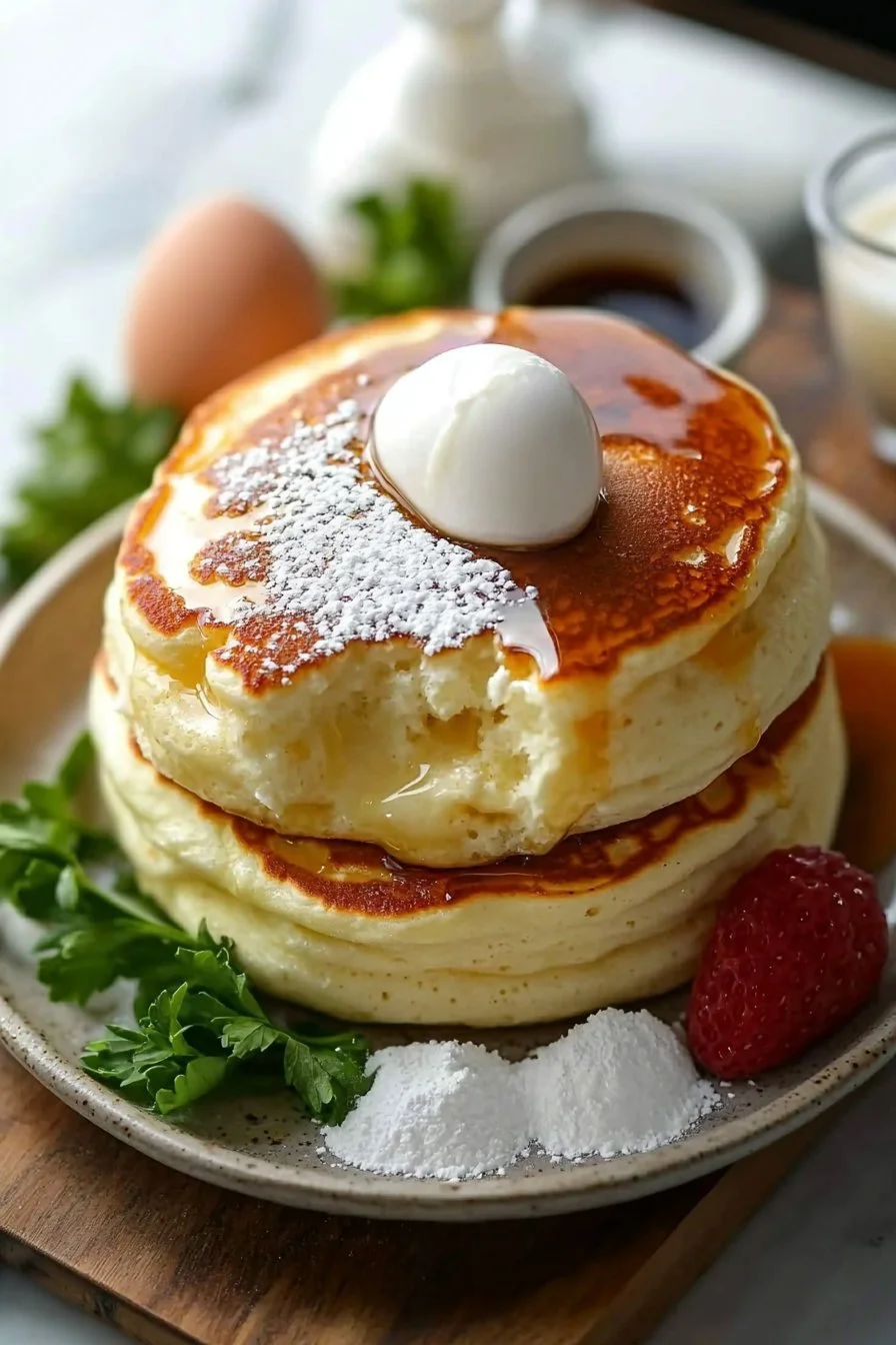 Fluffy Japanese soufflé pancakes stacked and drizzled with syrup