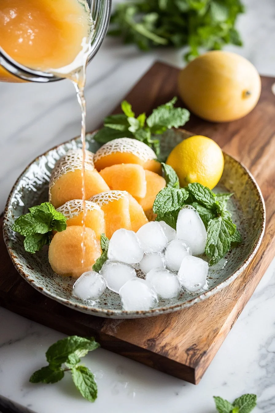 Refreshing cantaloupe refresher drink with mint and ice