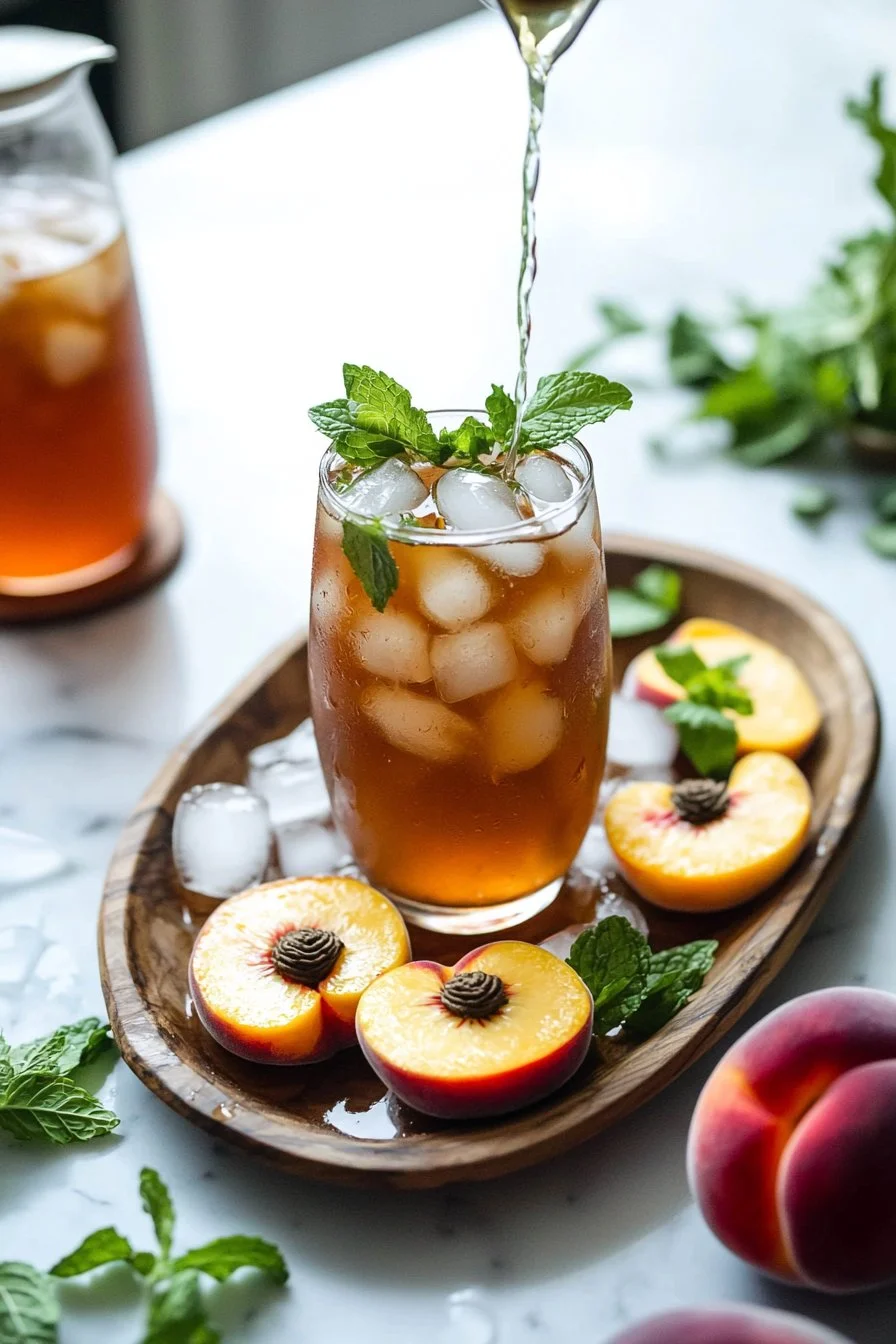 Glass of fresh peach iced tea with sliced peaches and ice cubes