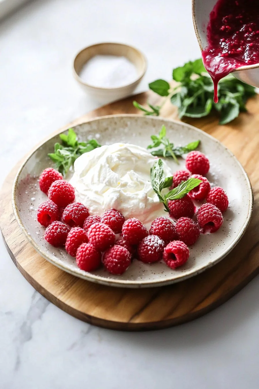 Fresh raspberry cream dessert topped with berries and whipped cream