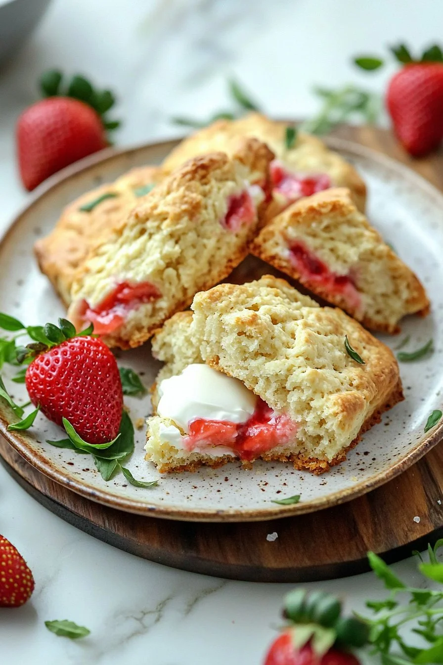 Fresh strawberries and cream scones on a plate with cream and strawberries