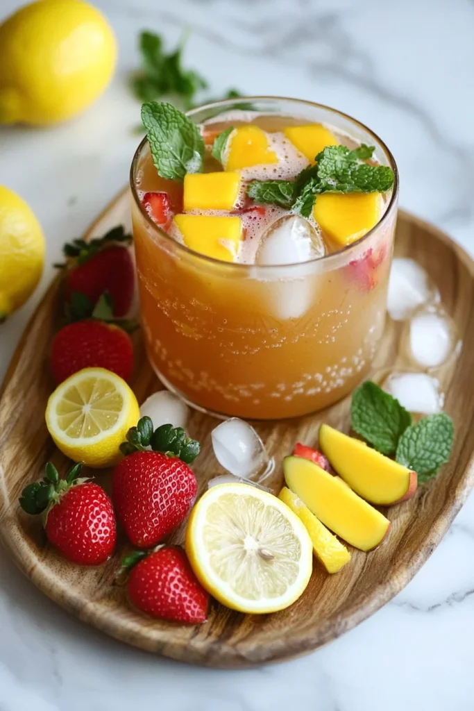 Fresh strawberry mango lemonade in a glass with fruit garnish