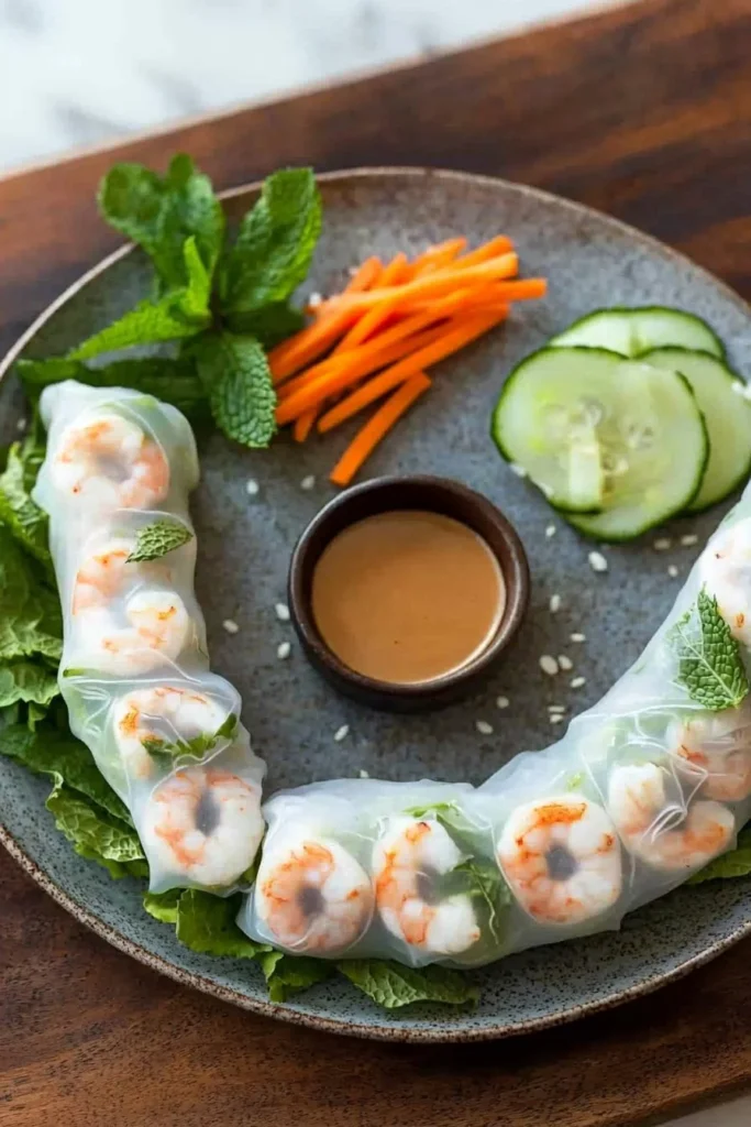 Fresh Vietnamese spring rolls with vibrant vegetables and herbs