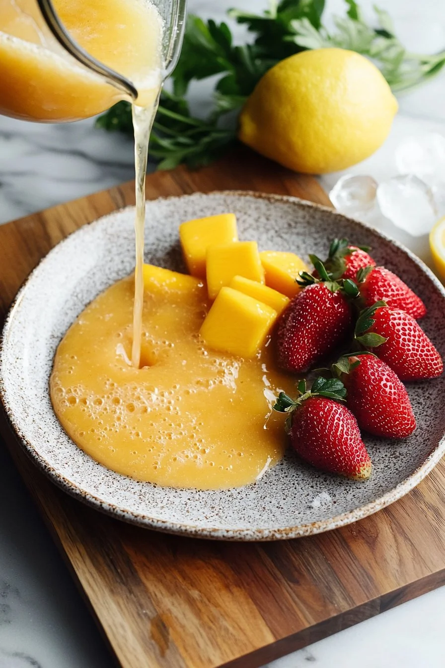 Frozen Mango Strawberry Lemonade in a glass with fresh fruits