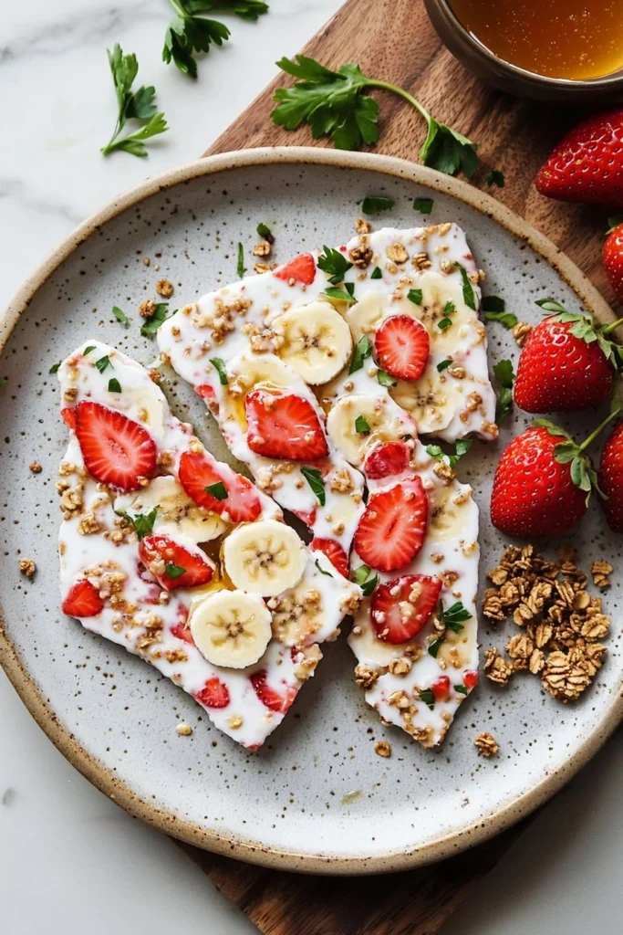 Frozen strawberry banana yogurt bark topped with fresh fruits