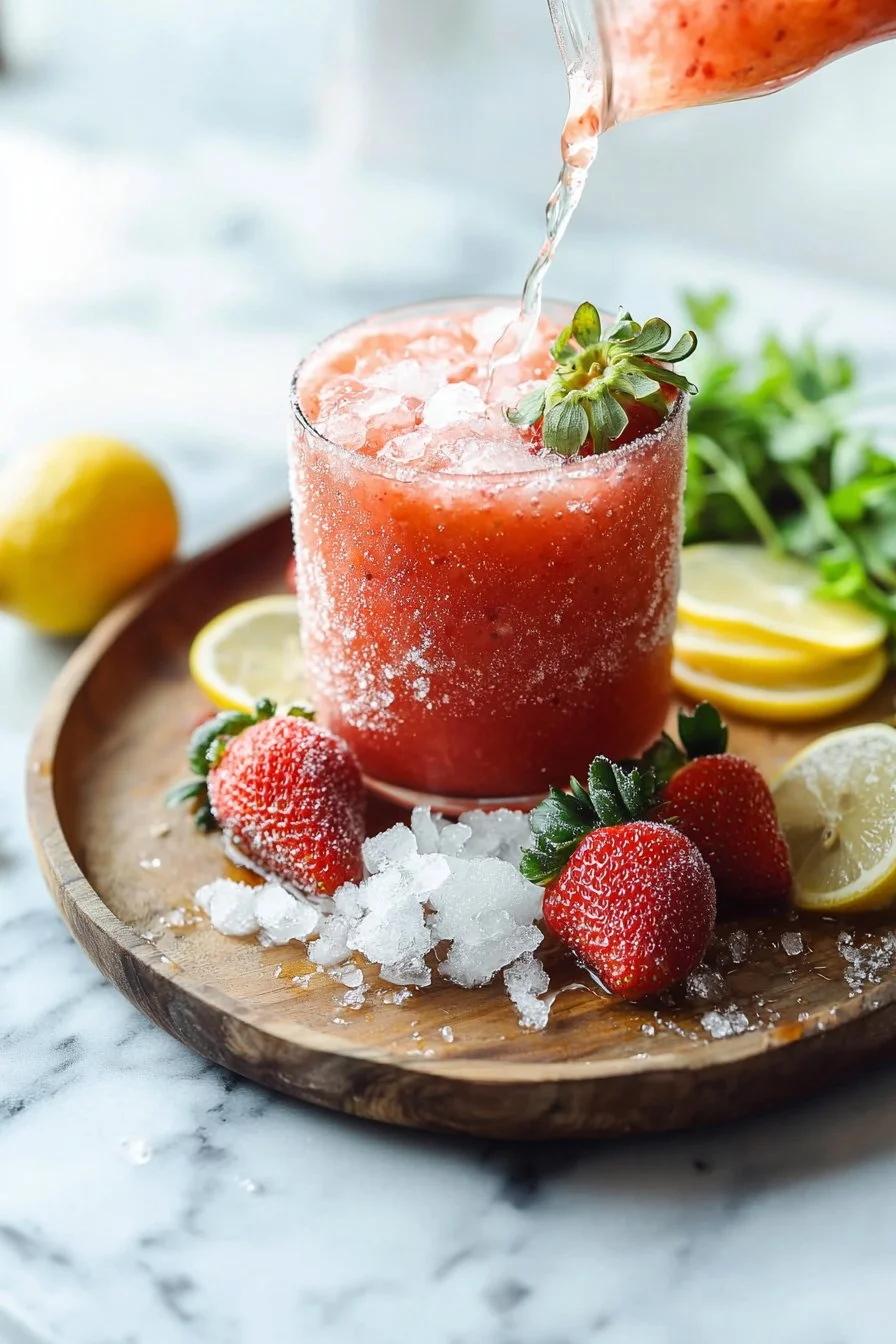 A refreshing glass of frozen strawberry lemonade with berries and mint garnish.