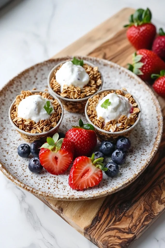 Frozen yogurt cups topped with granola and mixed berries