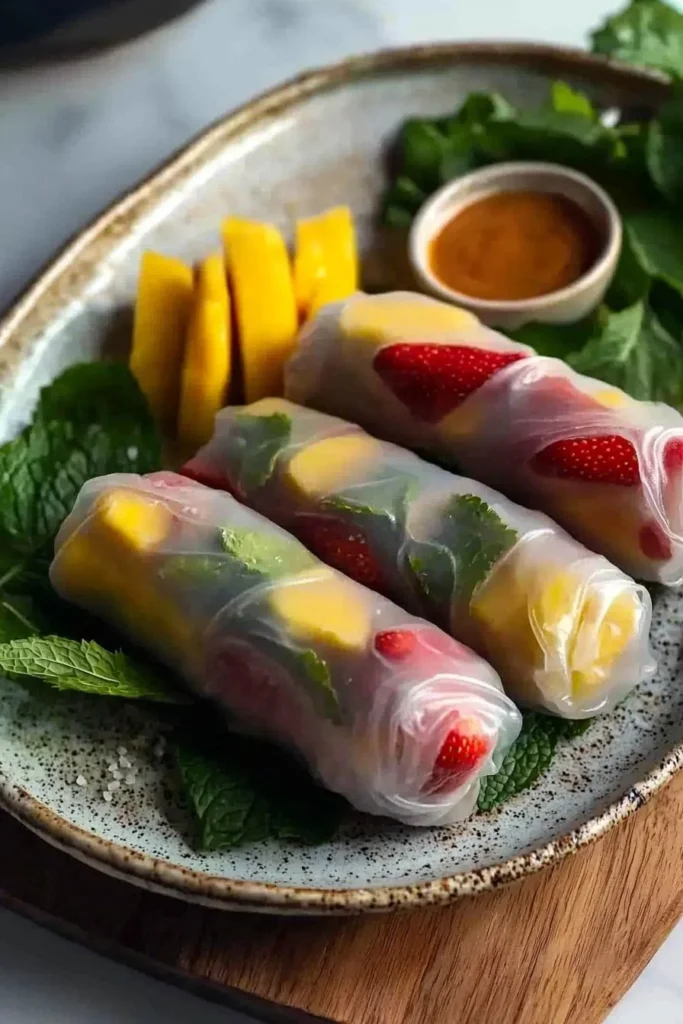 Colorful fruit rice paper rolls filled with fresh fruits and herbs.