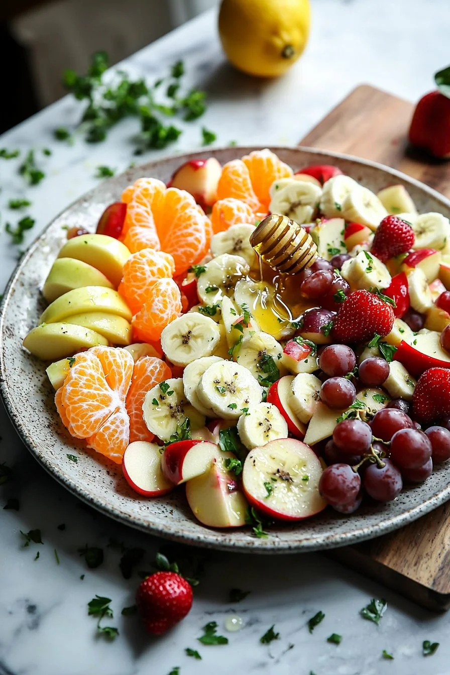 Colorful mixed fruit salad in a bowl garnished with mint leaves