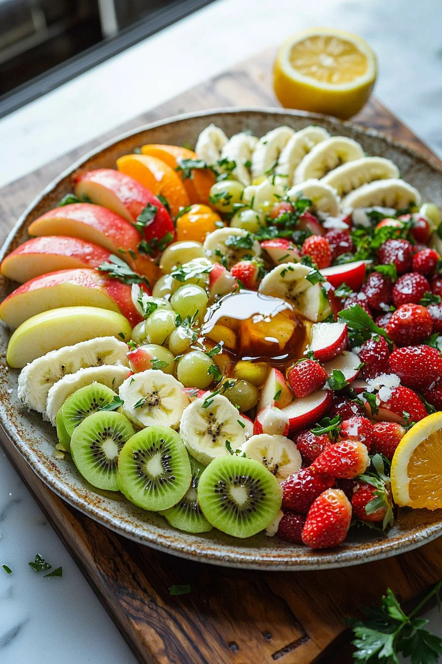 Colorful and fresh fruit salad in a bowl, featuring various fruits.