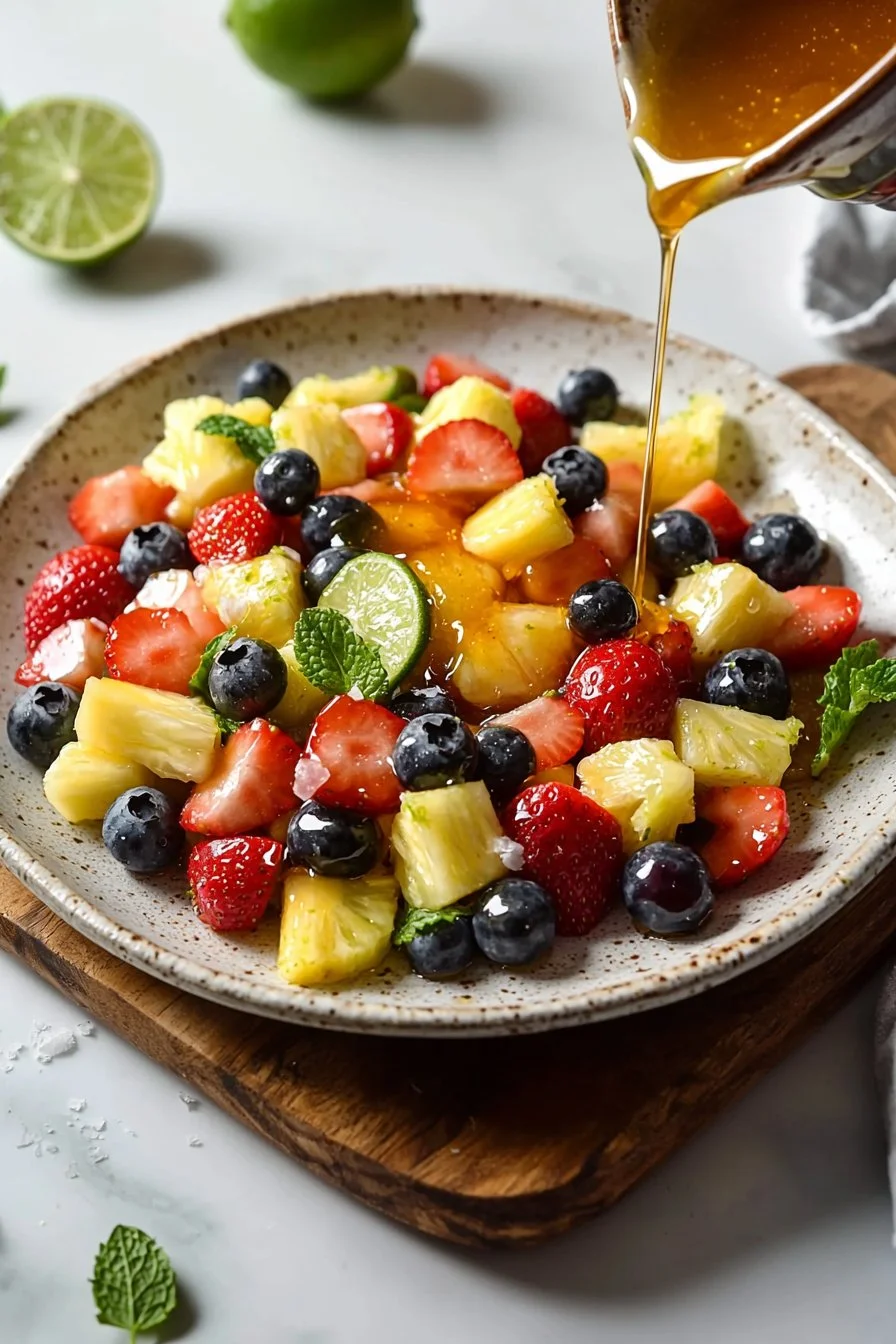 Delicious fruit salad topped with a honey lime dressing, featuring vibrant fresh fruits