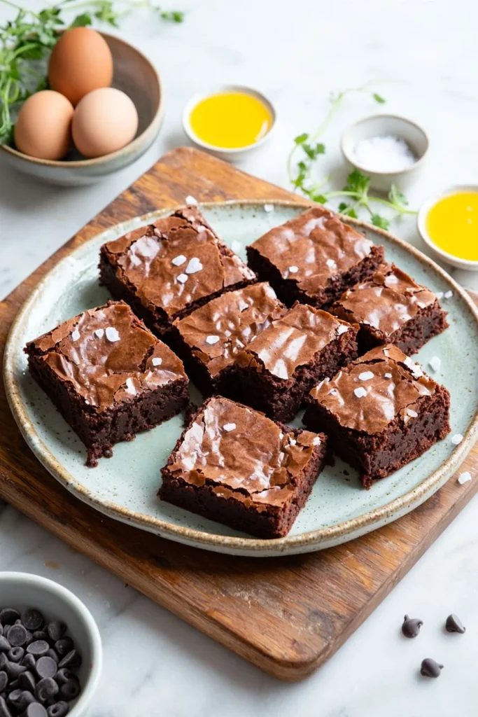 Decadent fudgy chocolate brownies on a wooden plate