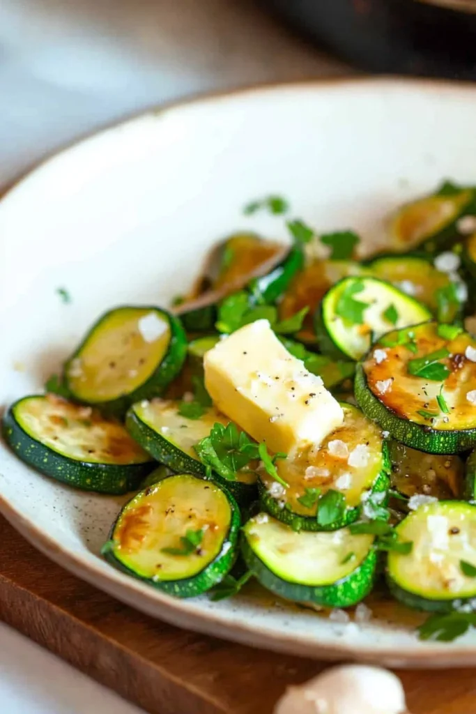 Garlic butter sautéed zucchini served on a plate with herbs