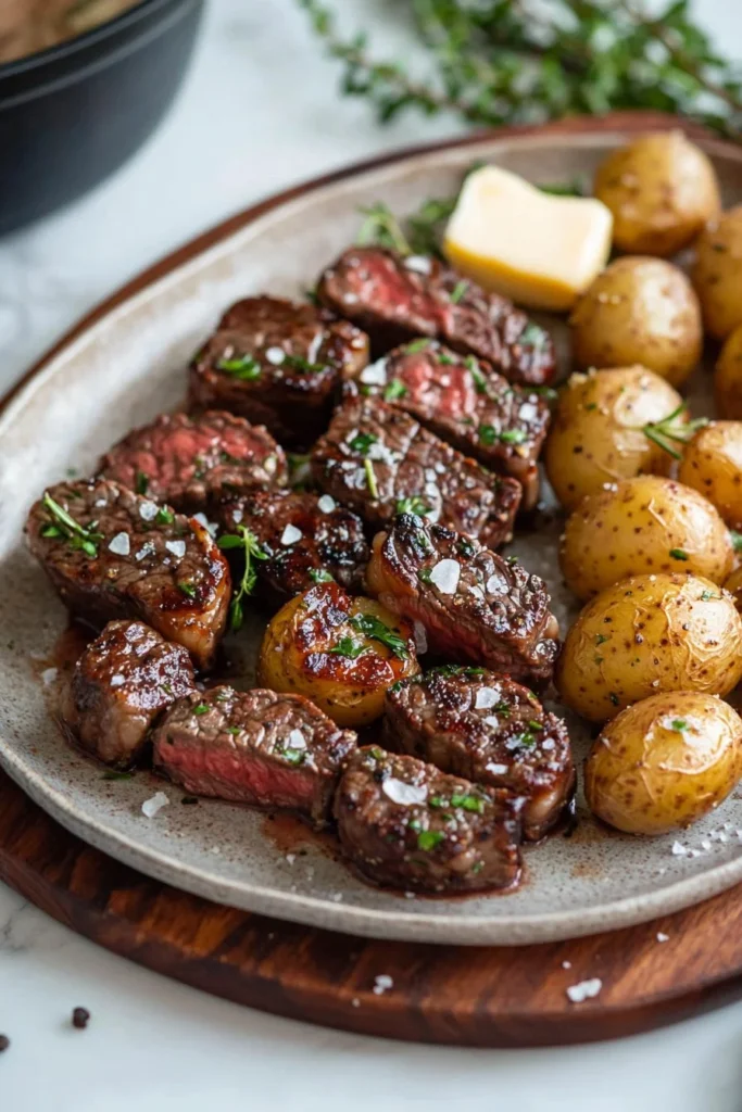 Garlic butter steak bites served with crispy potatoes on a plate.