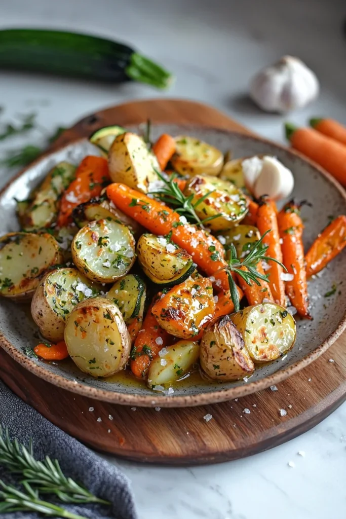 Garlic herb roasted potatoes with carrots and zucchini in a serving dish.