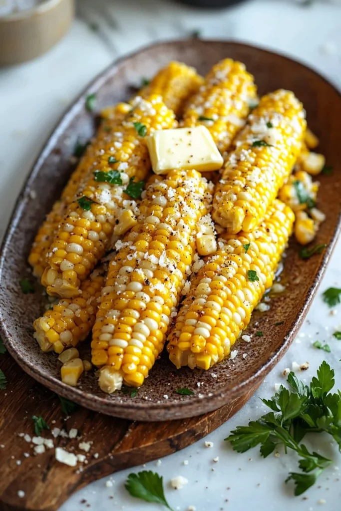 Delicious Garlic Parmesan Corn served in a bowl, garnished with herbs.