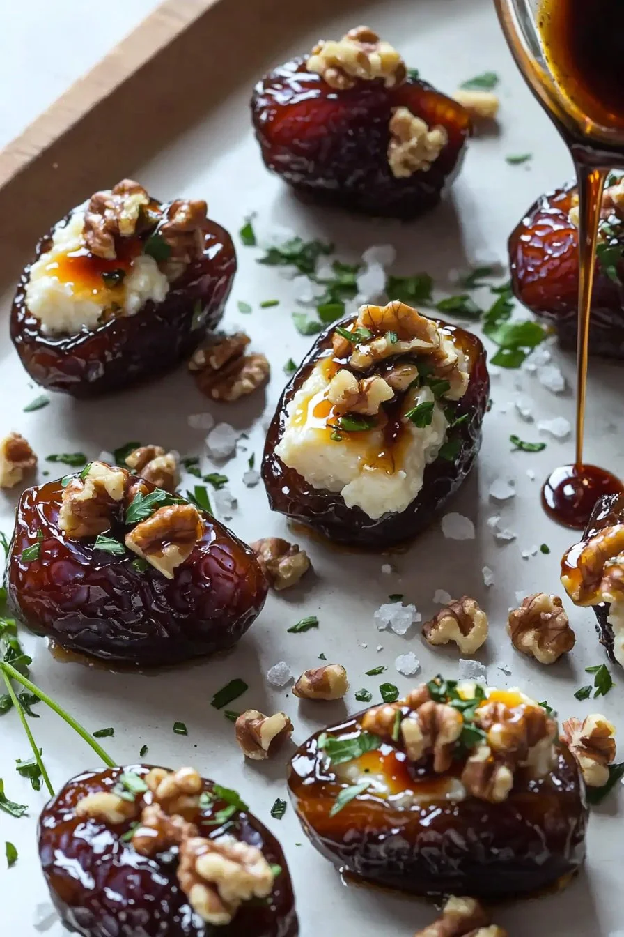 Delicious goat cheese stuffed dates arranged on a serving platter.