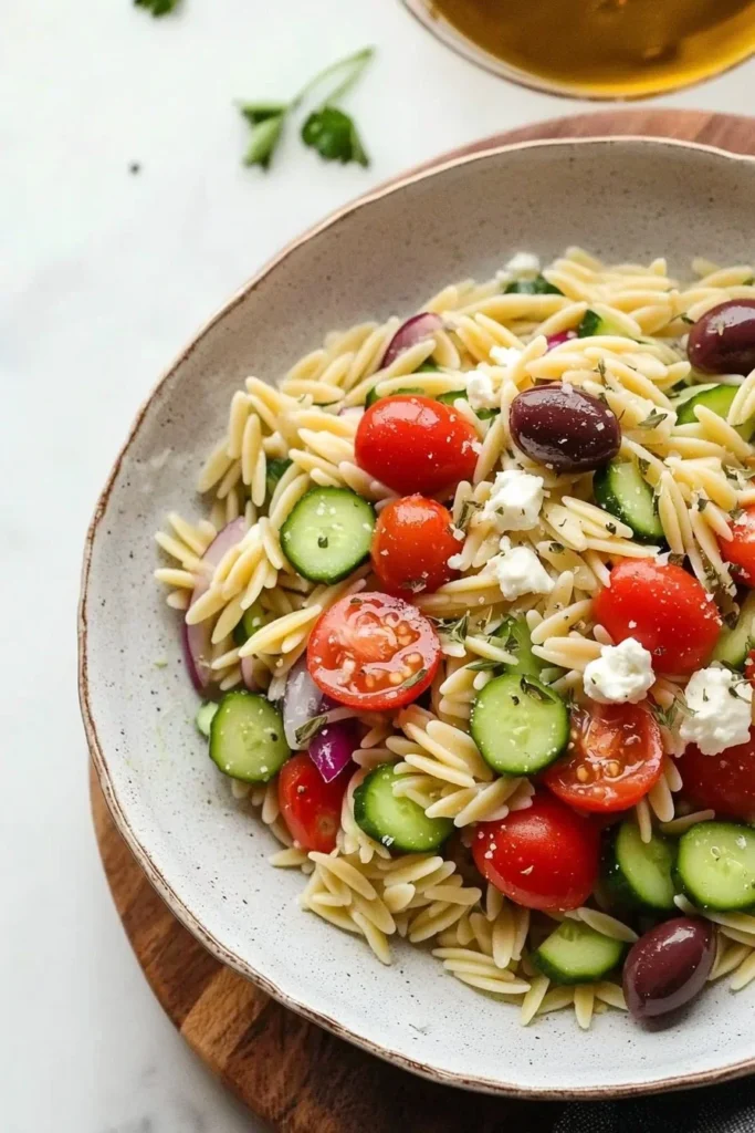 Greek Orzo Pasta Salad with fresh vegetables and feta cheese