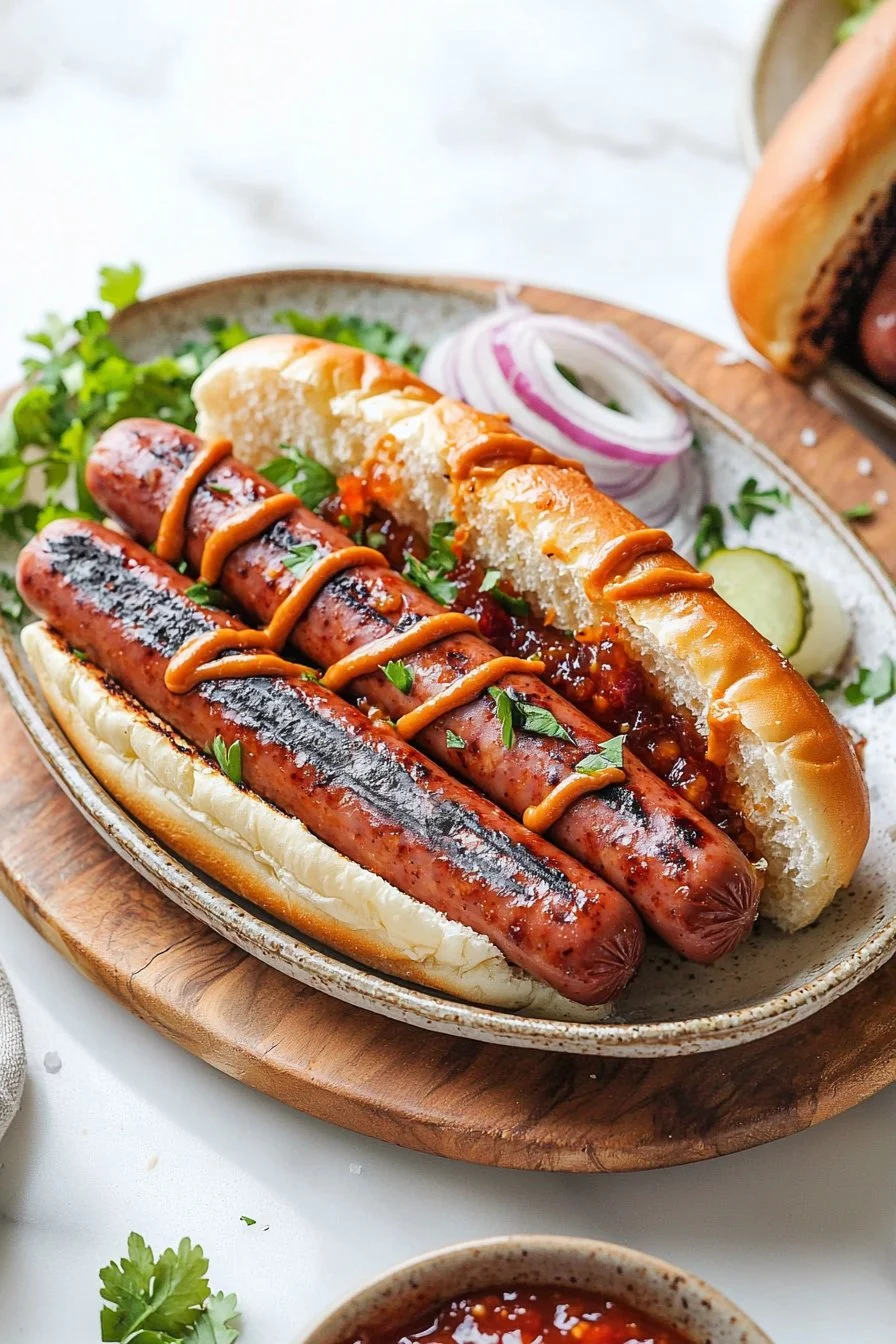 Delicious grilled beef franks served on a plate with toppings.